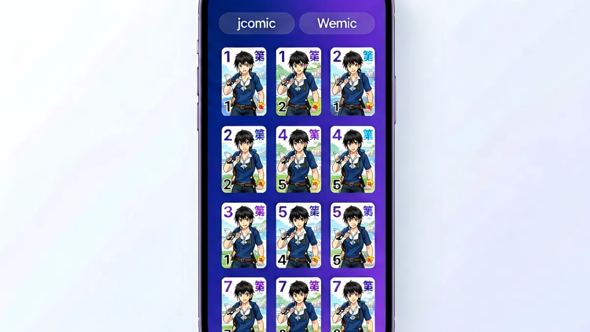 jcomic平台热门漫画排行榜界面展示，屏幕中央列出多部长篇连载作品的封面缩略图与排名序号，顶部显示日榜与周榜切换按钮，整体采用靛青与紫色渐变主题配色