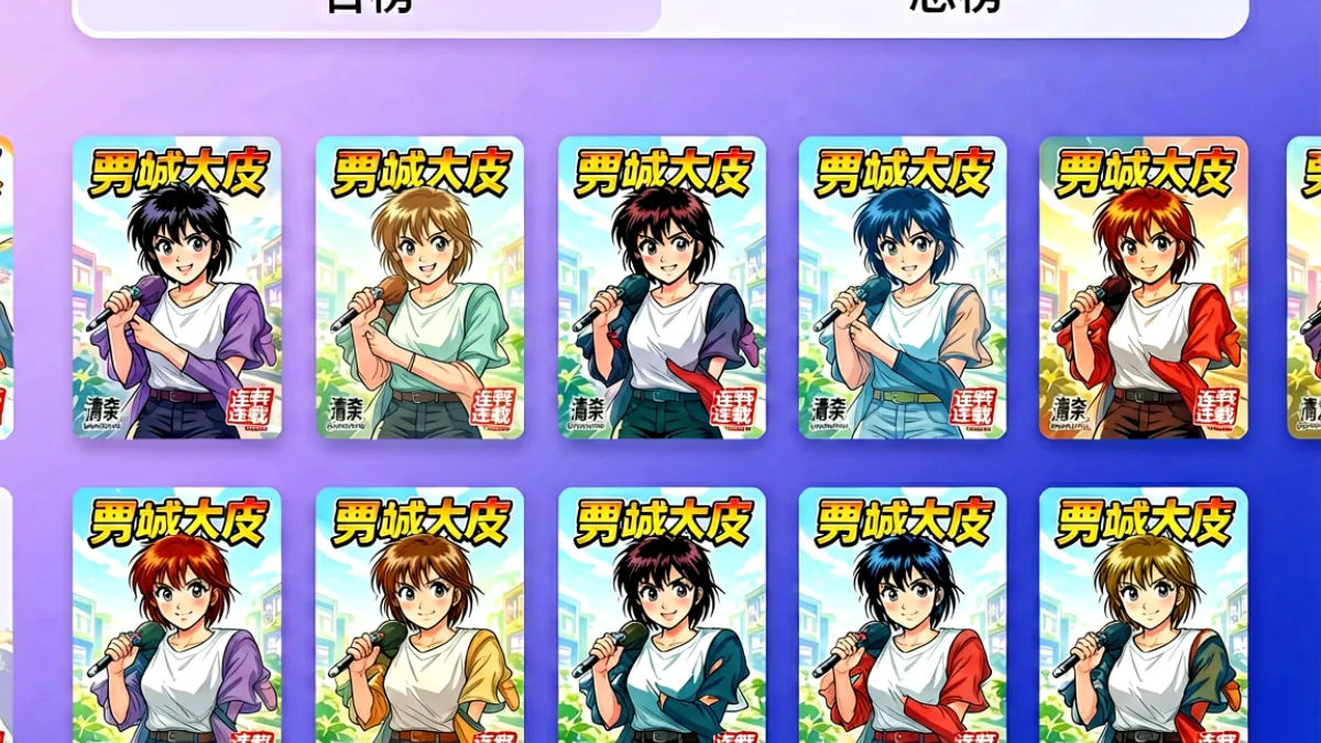 jcomic应用内漫画作品列表页面，横向排列多部热门连载封面，顶部导航栏显示日榜与总榜标签切换，背景为淡紫色渐变，整体界面简洁现代