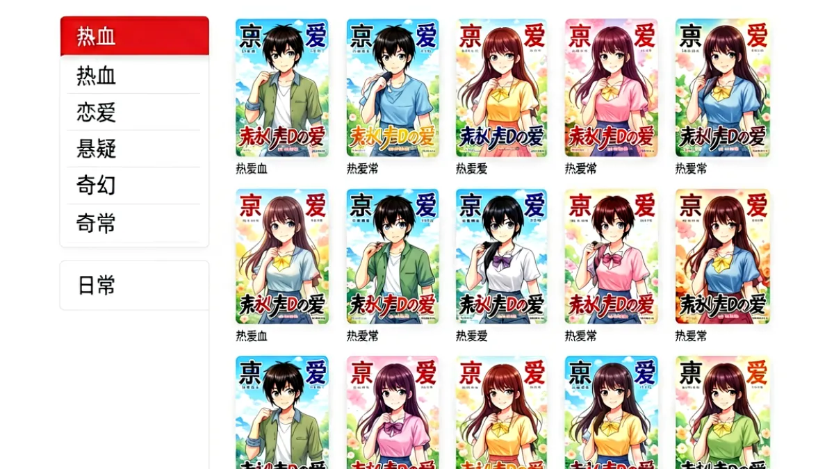 jcomic 网站首页预览图：屏幕左侧展示热血、恋爱、悬疑等分类标签，右侧呈现多本热门漫画的封面缩略图，整体为简洁的白色信息门户风格