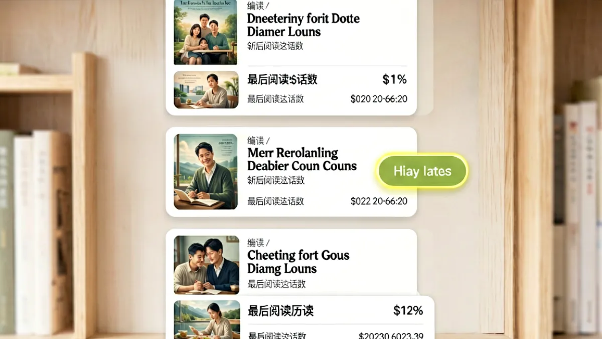 书架界面截图示意，多部作品卡片整齐排列，每张卡片底部显示最后一话编号与阅读时间，右侧出现继续按钮高亮