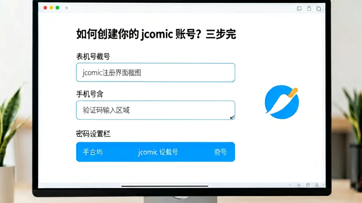 jcomic注册界面截图，表单中包含手机号输入框、验证码输入区域和密码设置栏，右侧有品牌logo，整体布局简洁清晰